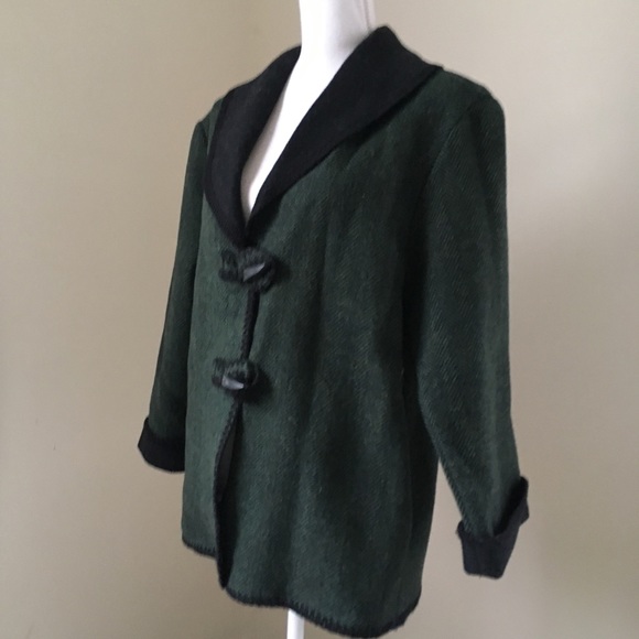 Vintage green herringbone Shawl-collar boiled wool jacket toggle closure - Picture 2 of 9